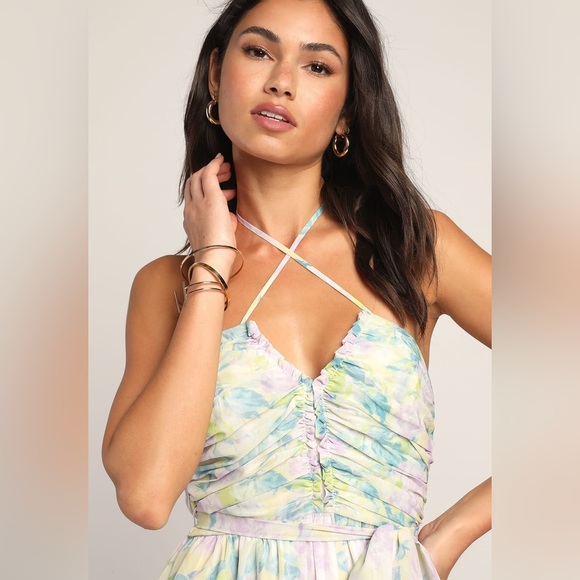 Lulu's Effortlessly Abloom Green Multi Floral Halter Maxi Dress Excellent Size M - Picture 3 of 11